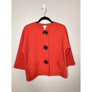 Chicos Rust Red Wool Blend Small Wooden Button Crew Neck Boxy Textured Jacket